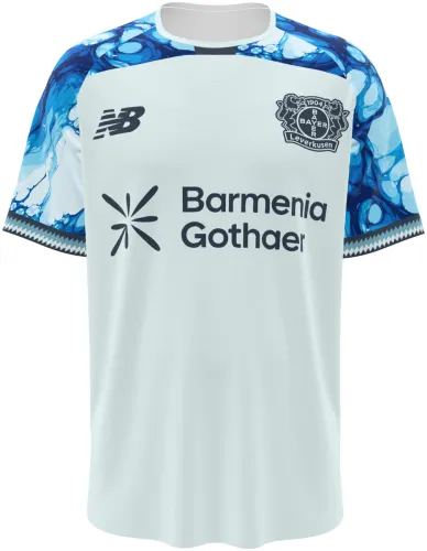 Camisa visitante do Bayer Leverkusen 2026 - 2027 branca com mangas marmorizadas de azul, frente e costas
