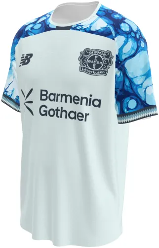 Camisa visitante do Bayer Leverkusen 2026 - 2027 branca com mangas marmorizadas de azul, frente e costas