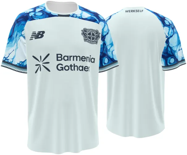 Camisa visitante do Bayer Leverkusen 2026 - 2027 branca com mangas marmorizadas de azul, frente e costas