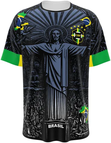 Camisa conceito do Brasil 2026 preta com o Cristo Redentor em xilogravura, frente e costas