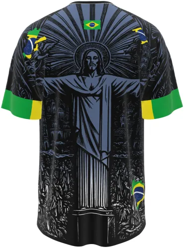 Camisa conceito do Brasil 2026 preta com o Cristo Redentor em xilogravura, frente e costas