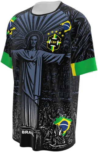 Camisa conceito do Brasil 2026 preta com o Cristo Redentor em xilogravura, frente e costas