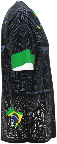 Camisa conceito do Brasil 2026 preta com o Cristo Redentor em xilogravura, frente e costas