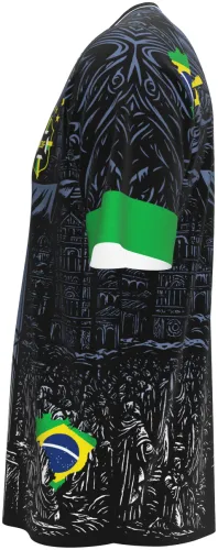 Camisa conceito do Brasil 2026 preta com o Cristo Redentor em xilogravura, frente e costas