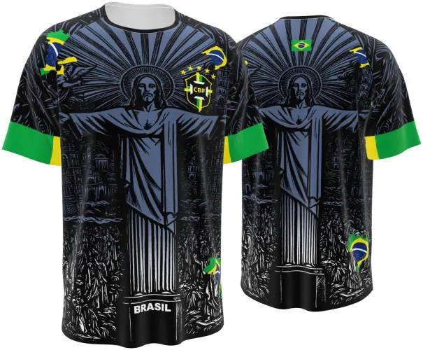 Camisa conceito do Brasil 2026 preta com o Cristo Redentor em xilogravura, frente e costas