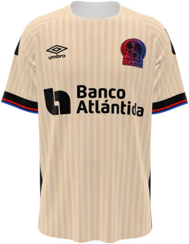 Camisa terceiro uniforme do CD Olimpia 2026 - 2027 bege com listras finas, frente e costas