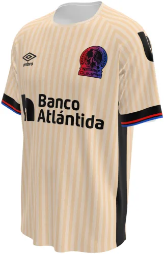 Camisa terceiro uniforme do CD Olimpia 2026 - 2027 bege com listras finas, frente e costas