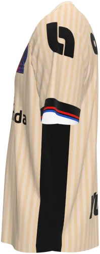 Camisa terceiro uniforme do CD Olimpia 2026 - 2027 bege com listras finas, frente e costas