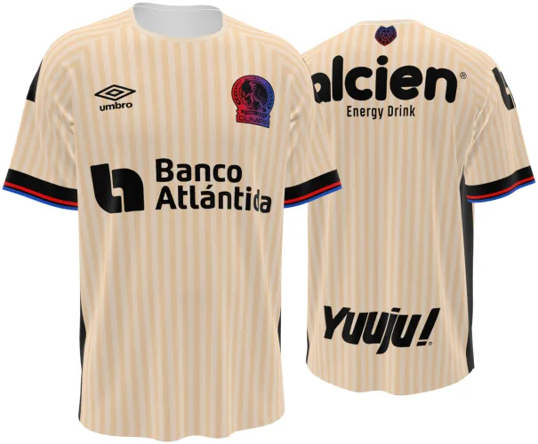 Camisa terceiro uniforme do CD Olimpia 2026 - 2027 bege com listras finas, frente e costas