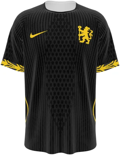 Camisa visitante do Chelsea 2026 - 2027 preta com detalhes amarelos, frente e costas