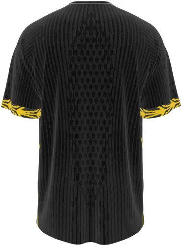 Camisa visitante do Chelsea 2026 - 2027 preta com detalhes amarelos, frente e costas