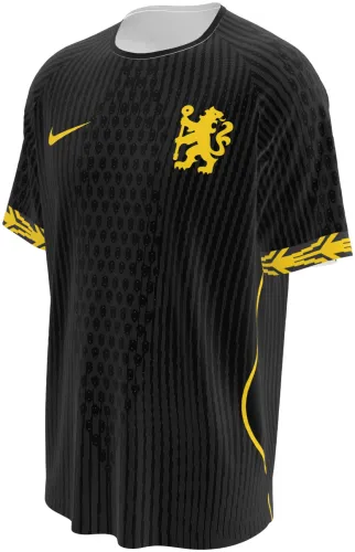Camisa visitante do Chelsea 2026 - 2027 preta com detalhes amarelos, frente e costas