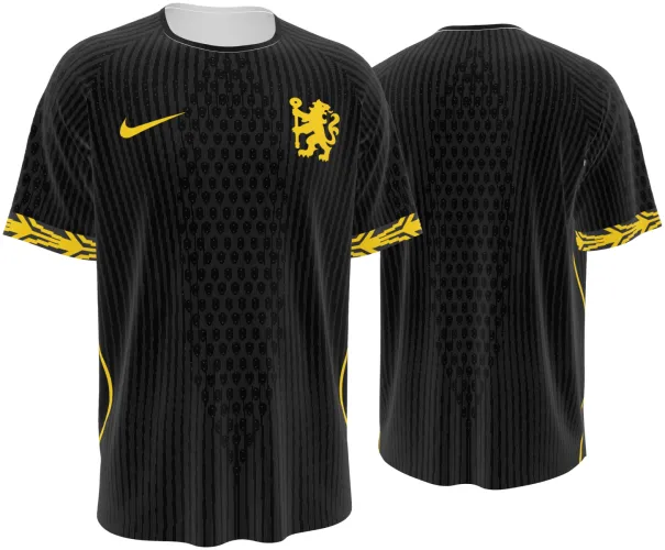 Camisa visitante do Chelsea 2026 - 2027 preta com detalhes amarelos, frente e costas