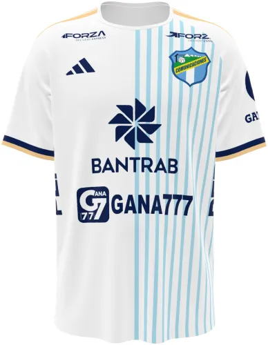 Camisa titular do Comunicaciones FC 2026 - 2027 branca com listras azuis de um lado, frente e costas