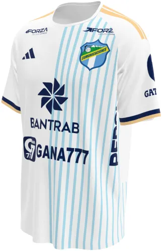 Camisa titular do Comunicaciones FC 2026 - 2027 branca com listras azuis de um lado, frente e costas