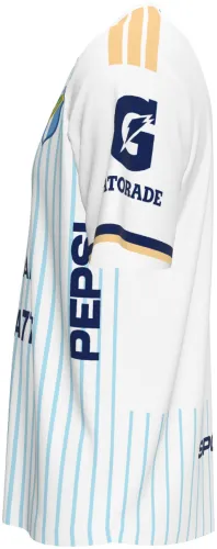 Camisa titular do Comunicaciones FC 2026 - 2027 branca com listras azuis de um lado, frente e costas
