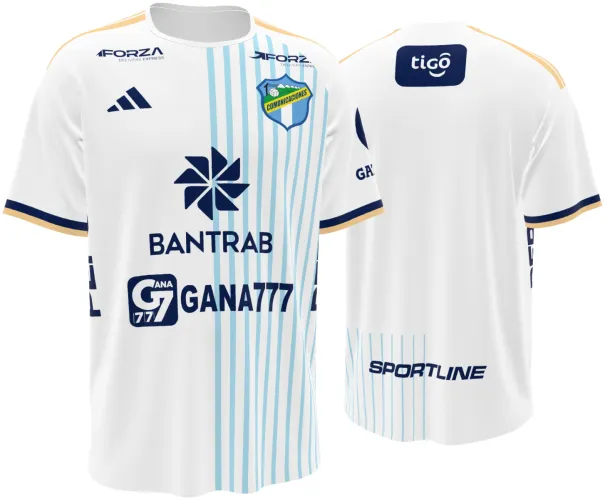 Camisa titular do Comunicaciones FC 2026 - 2027 branca com listras azuis de um lado, frente e costas