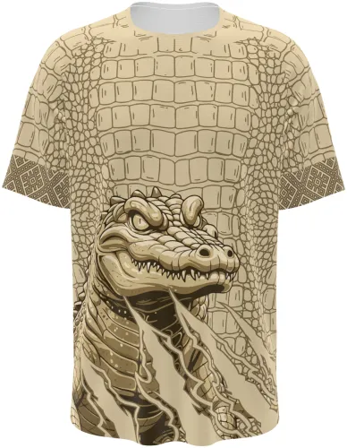 Camisa de interclasse Crocodilo 2026 bege com pele de crocodilo e a cabeça na barra, frente e costas