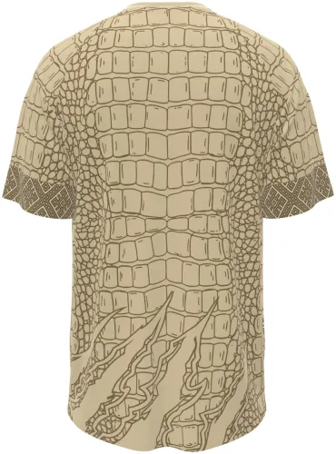 Camisa de interclasse Crocodilo 2026 bege com pele de crocodilo e a cabeça na barra, frente e costas