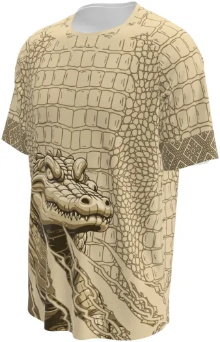 Camisa de interclasse Crocodilo 2026 bege com pele de crocodilo e a cabeça na barra, frente e costas