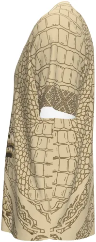 Camisa de interclasse Crocodilo 2026 bege com pele de crocodilo e a cabeça na barra, frente e costas