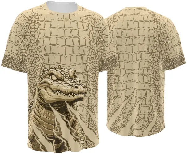 Camisa de interclasse Crocodilo 2026 bege com pele de crocodilo e a cabeça na barra, frente e costas