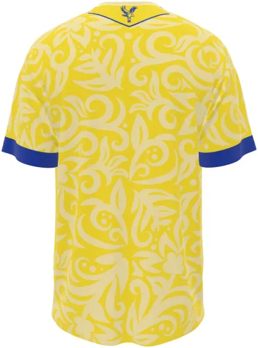 Camisa conceito do Crystal Palace 2026 amarela com águia e volutas tom sobre tom, frente e costas