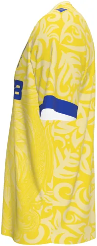 Camisa conceito do Crystal Palace 2026 amarela com águia e volutas tom sobre tom, frente e costas