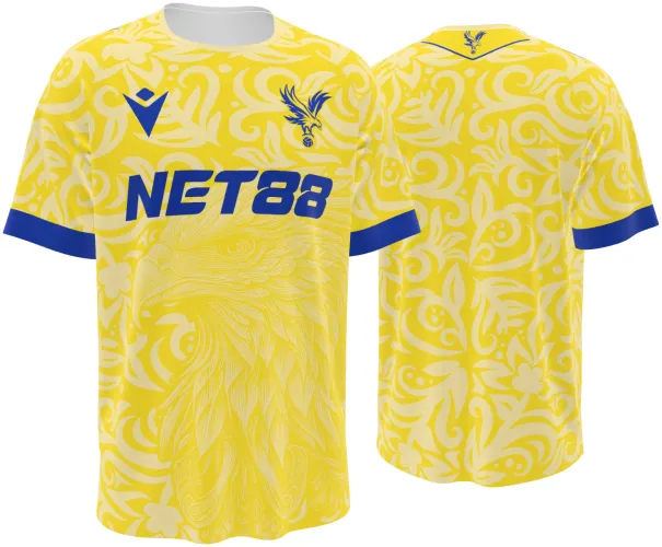 Camisa conceito do Crystal Palace 2026 amarela com águia e volutas tom sobre tom, frente e costas