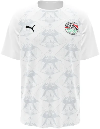Camisa visitante do Egito 2026 branca com losangos de figuras faraônicas, frente e costas