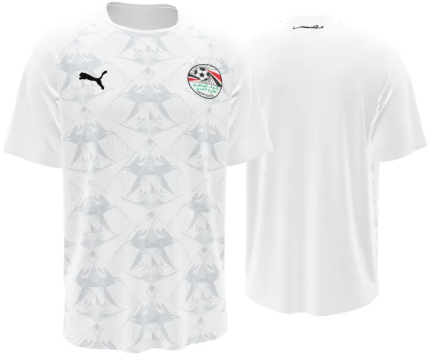 Camisa visitante do Egito 2026 branca com losangos de figuras faraônicas, frente e costas