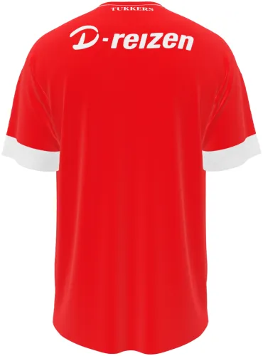 Camisa titular do FC Twente 2026 - 2027 vermelha com listras finas tom sobre tom, frente e costas