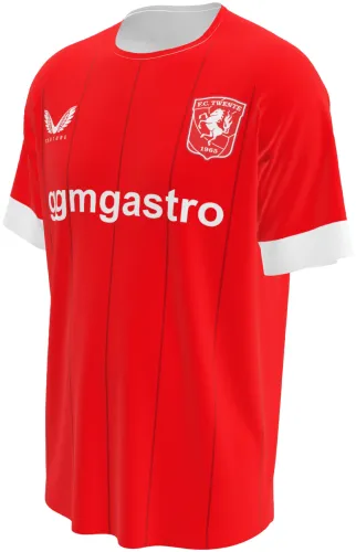 Camisa titular do FC Twente 2026 - 2027 vermelha com listras finas tom sobre tom, frente e costas