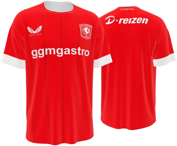 Camisa titular do FC Twente 2026 - 2027 vermelha com listras finas tom sobre tom, frente e costas