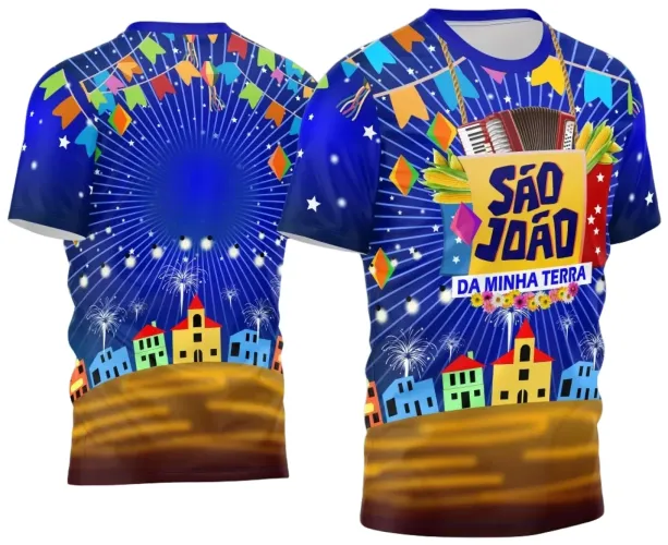 Camisa com logo no peito e estampa grande nas costas que destacam elementos tradicionais da Festa Junina, cores vibrantes e design convidativo para celebrar o arraiá com estilo e autenticidade.