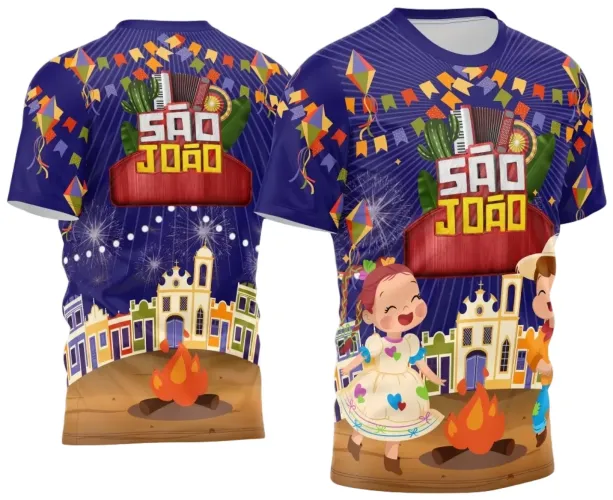Camisa com logo no peito e estampa grande nas costas, com design vibrante inspirado no tema de festa junina, ideal para celebrar o arraiá com estilo e tradição.