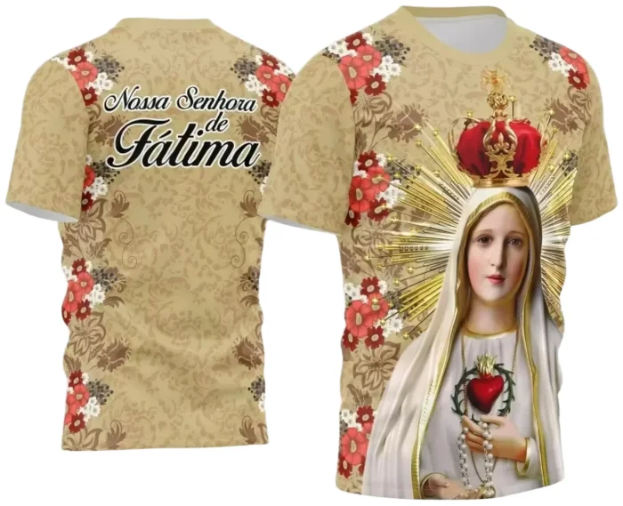 Arte Estampa Camisa Flores Vermelhas Religião Nossa Senhora de Fátima 2024
