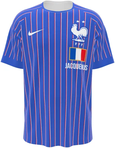Camisa de pré-jogo da França 2026 azul com listras finas vermelhas e brancas, frente e costas