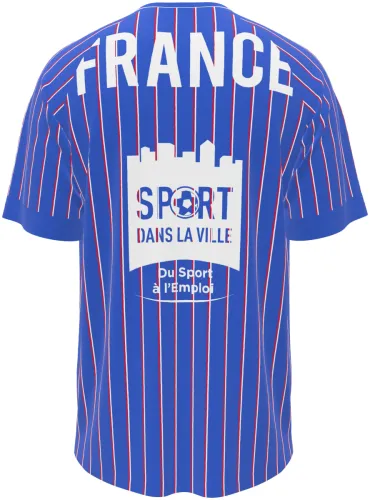 Camisa de pré-jogo da França 2026 azul com listras finas vermelhas e brancas, frente e costas