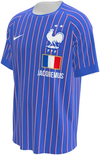Camisa de pré-jogo da França 2026 azul com listras finas vermelhas e brancas, frente e costas