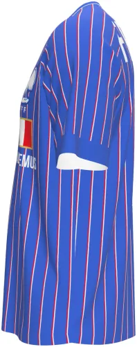 Camisa de pré-jogo da França 2026 azul com listras finas vermelhas e brancas, frente e costas