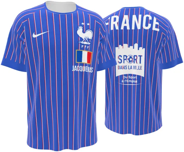 Camisa de pré-jogo da França 2026 azul com listras finas vermelhas e brancas, frente e costas