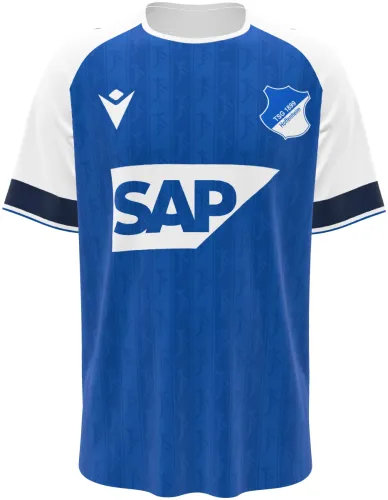 Camisa titular do Hoffenheim 2026 - 2027 azul com mangas brancas, frente e costas