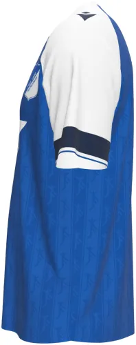Camisa titular do Hoffenheim 2026 - 2027 azul com mangas brancas, frente e costas