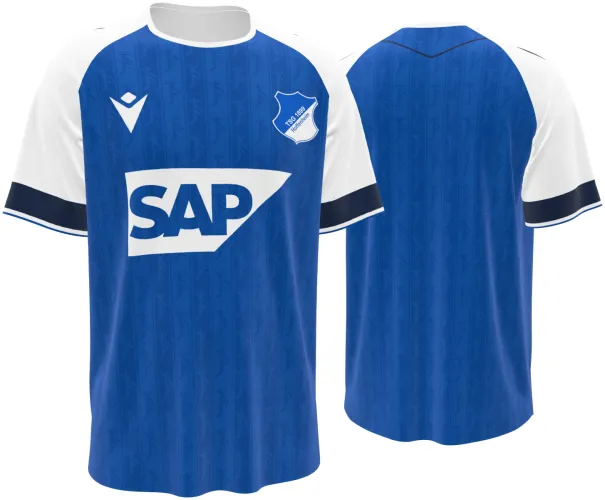 Camisa titular do Hoffenheim 2026 - 2027 azul com mangas brancas, frente e costas