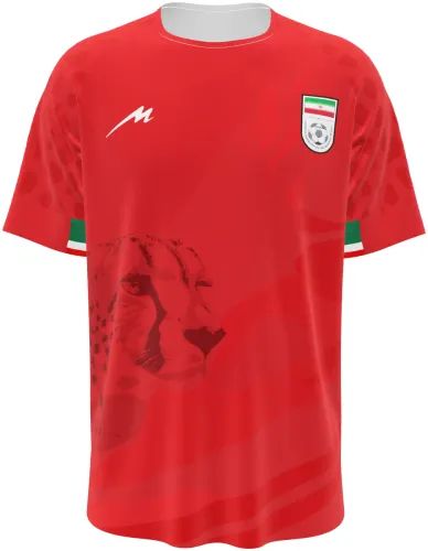 Camisa visitante do Irã 2026 vermelha com uma chita desenhada tom sobre tom, frente e costas