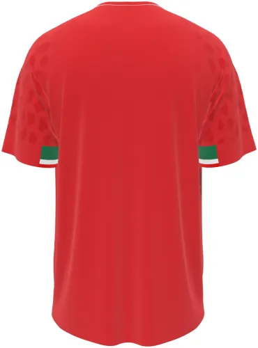 Camisa visitante do Irã 2026 vermelha com uma chita desenhada tom sobre tom, frente e costas
