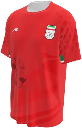 Camisa visitante do Irã 2026 vermelha com uma chita desenhada tom sobre tom, frente e costas
