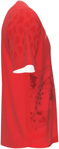 Camisa visitante do Irã 2026 vermelha com uma chita desenhada tom sobre tom, frente e costas