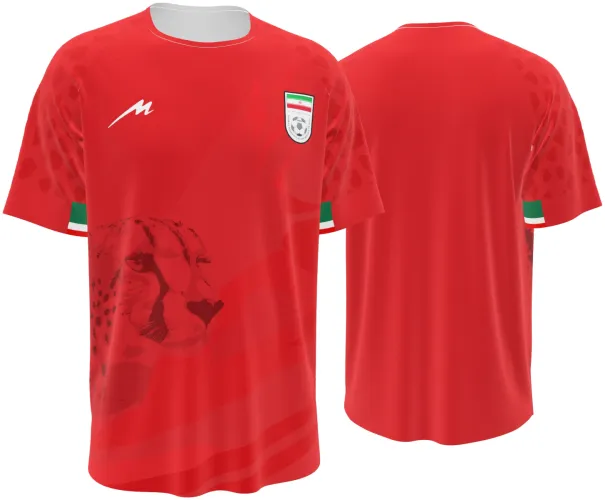 Camisa visitante do Irã 2026 vermelha com uma chita desenhada tom sobre tom, frente e costas